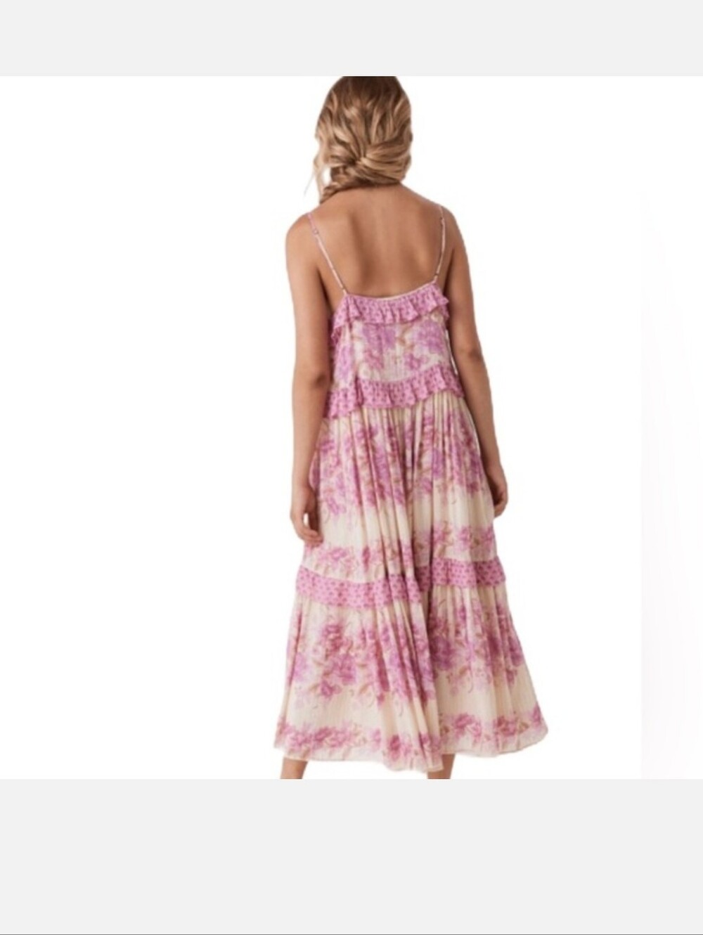 Spell Coco Lei Pink Floral Tiered Midi Dress with Lace Trim Med - Picture 2 of 6